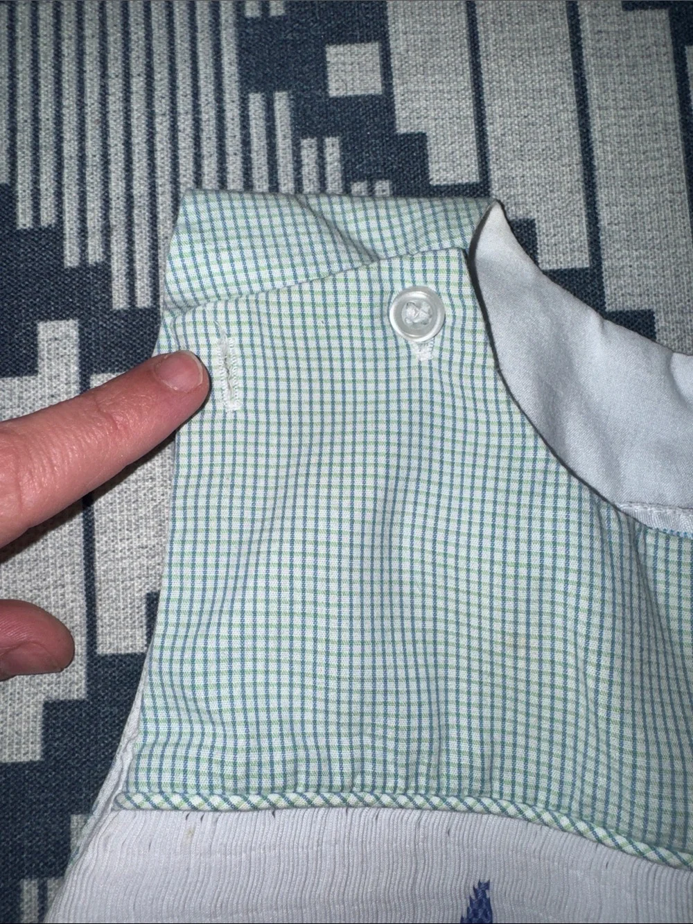 Green Check Boys' One-Piece Smocked Shortall with Navy Swordfish Embroidery